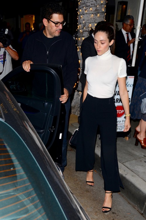 Emmy Rossum and her husband, Sam Esmail, are seen leaving Beverly Hills hotspot, Madeo Restaurant in