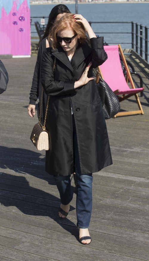 Jessica Chastain Seen Arriving On SOuthend Pier For Jamie & Jimmy's Friday Night FeastPictured: Jess